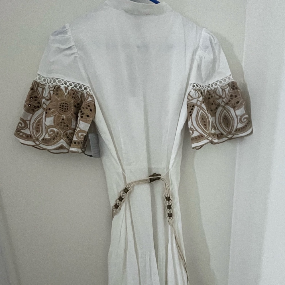 White with taupe woven dress,midi, gorgeous beaded belt,size xs